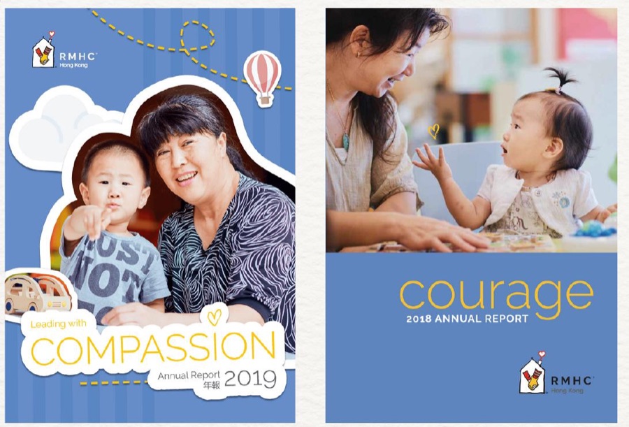 Covers of the RMHC Hong Kong annual reports: Leading with Compassion 2019 and Courage 2018